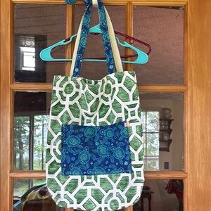 Green and Blue Patterned turtle tote bag! Handmade, fully lined, 2 front pockets